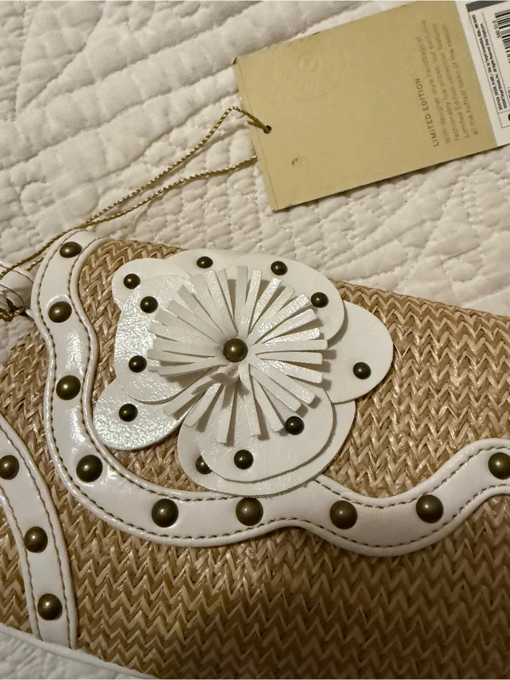 Target Straw Wristlet Clutch with White Trim and Floral Accent